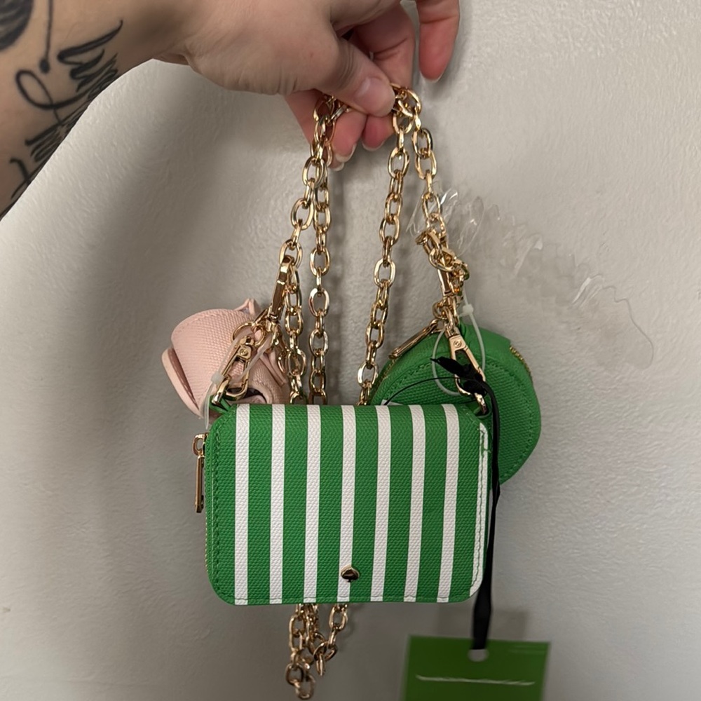 Kate spade Green and White Striped Women's Bag with Gold Chain